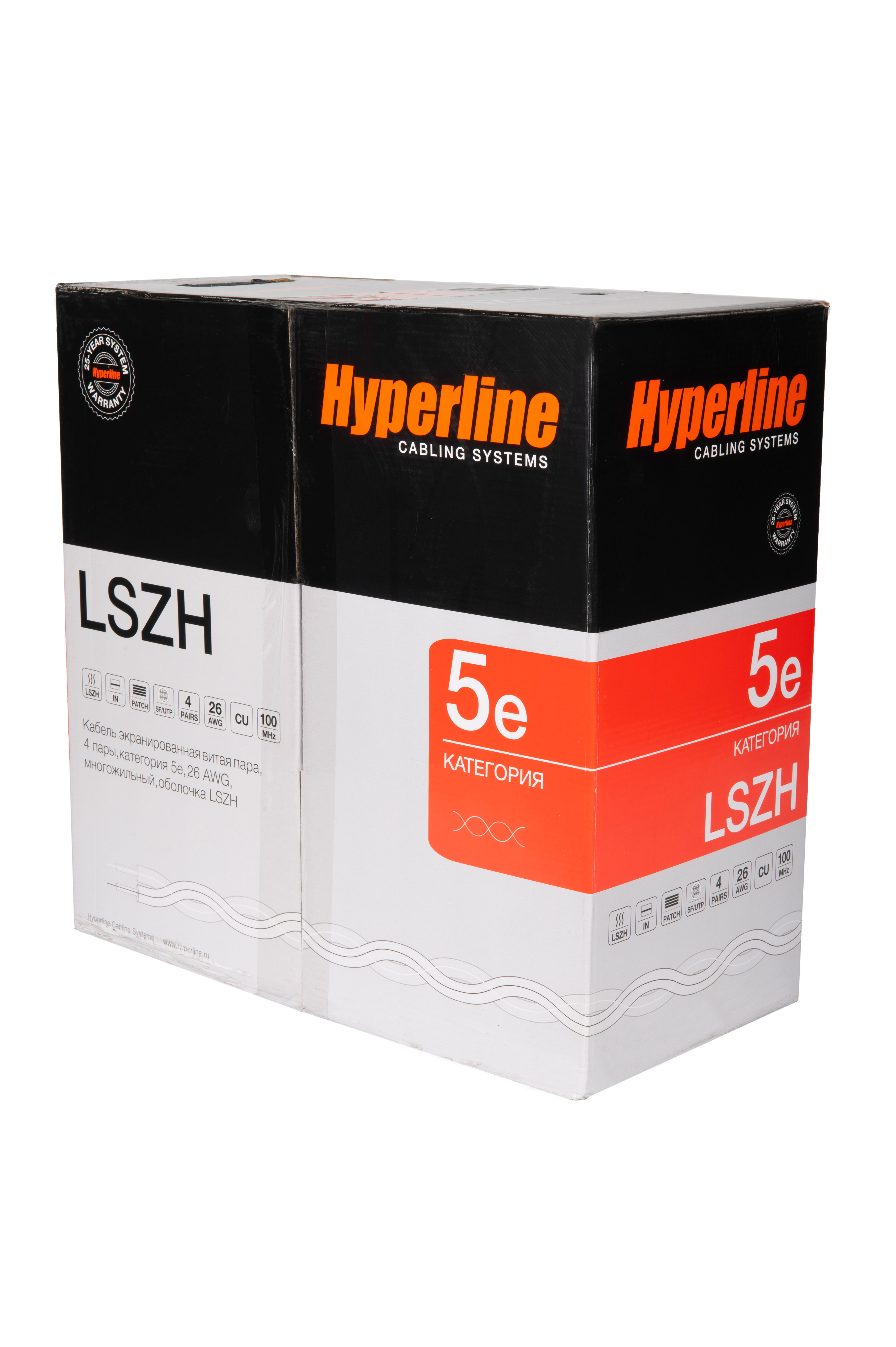 Hyperline SFUTP4-C5E-P26-IN-LSZH-GY-305 (305 м) Кабель витая пара, экранированный SF/UTP, общий экран оплетка и фольга, категория 5e, 4 пары 26 AWG, 4х2х0,48 мм, многопроволочные жилы, LSZH, нг(А)-HF, внутренний -40°C – +75°C, серый — фото