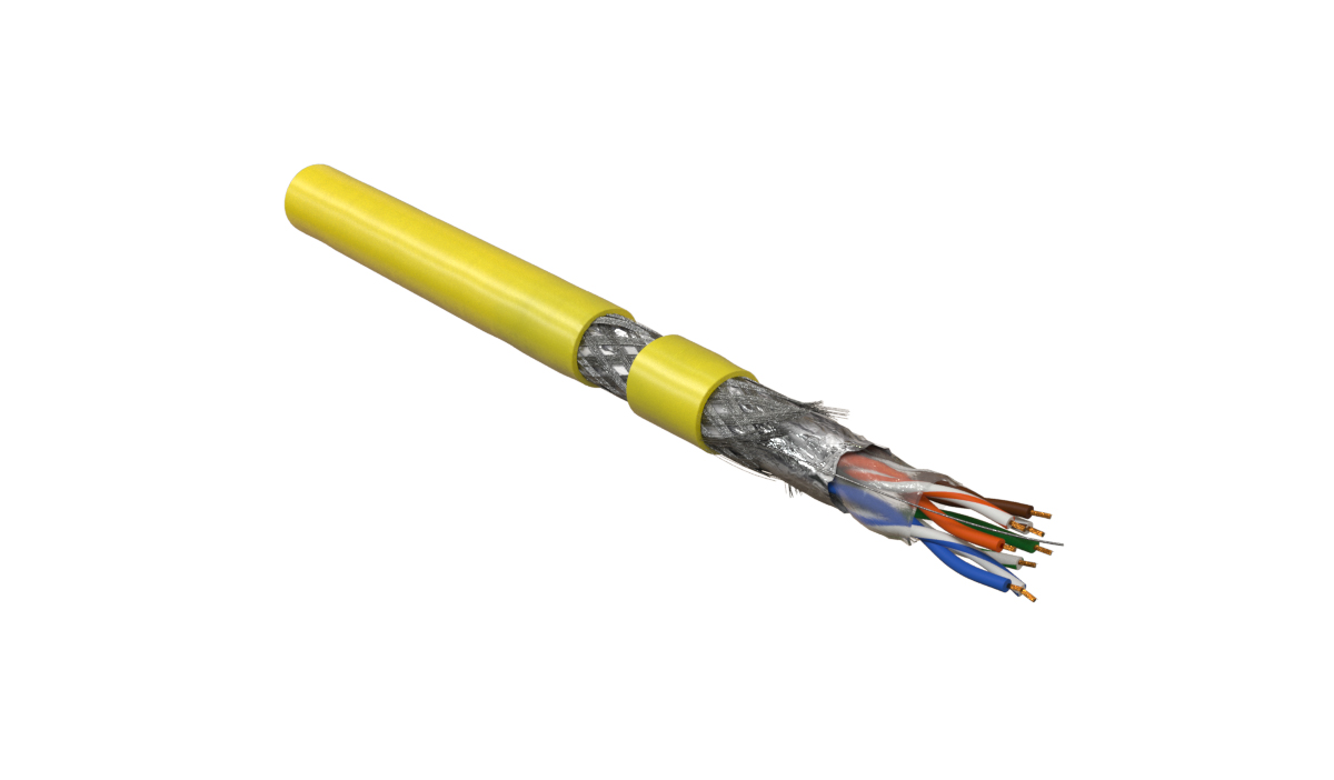 Hyperline SFUTP4-C5E-P26-IN-LSZH-YL-305 (305 м) Кабель витая пара, экранированный SF/UTP, общий экран оплетка и фольга, категория 5e, 4 пары 26 AWG, 4х2х0,48 мм, многопроволочные жилы, LSZH, нг(А)-HF, внутренний -40°C – +75°C, желтый