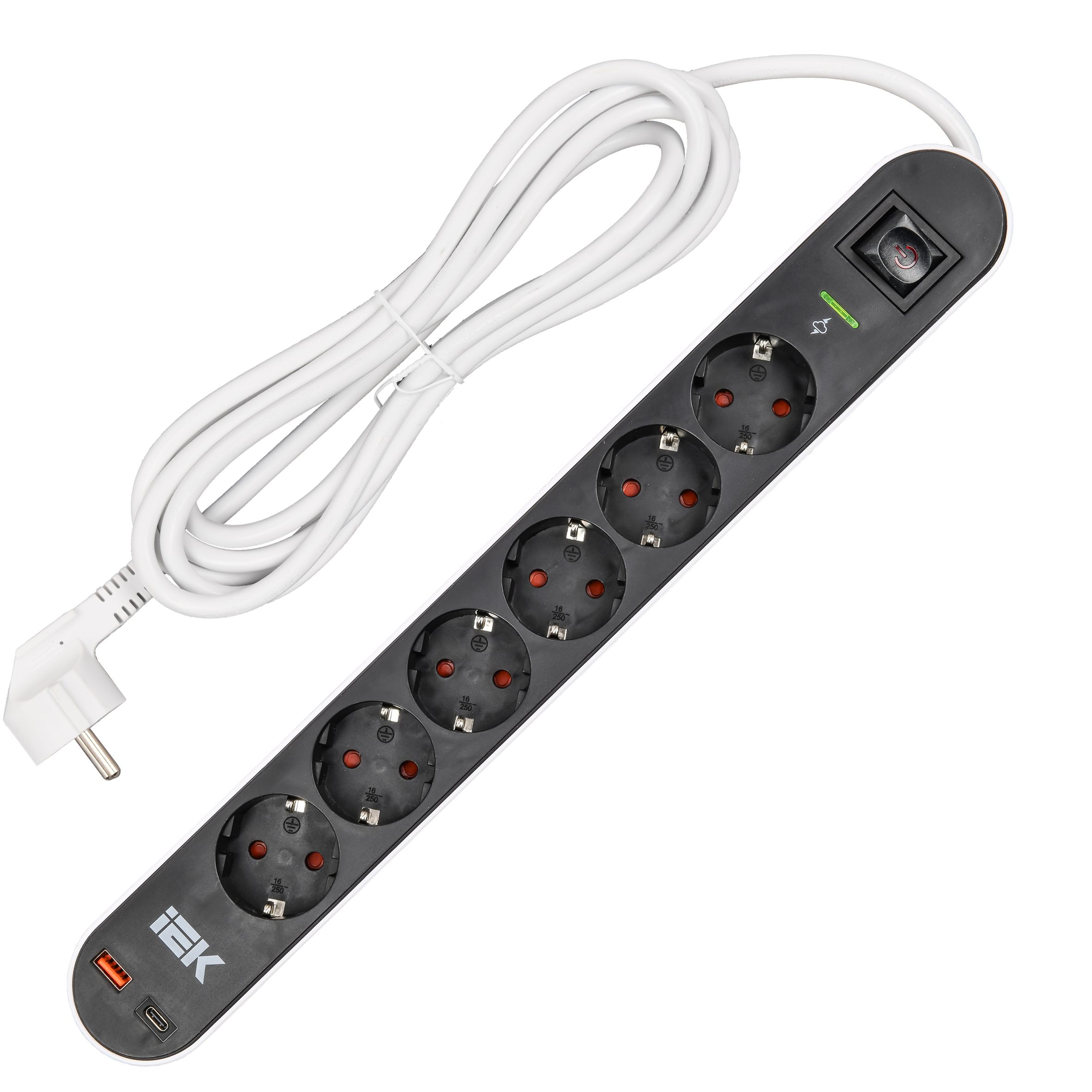 Фильтр сетевой СФ-06К 16А USB A+C 20Вт 3м 3х1,5мм2 черный IEK — фото