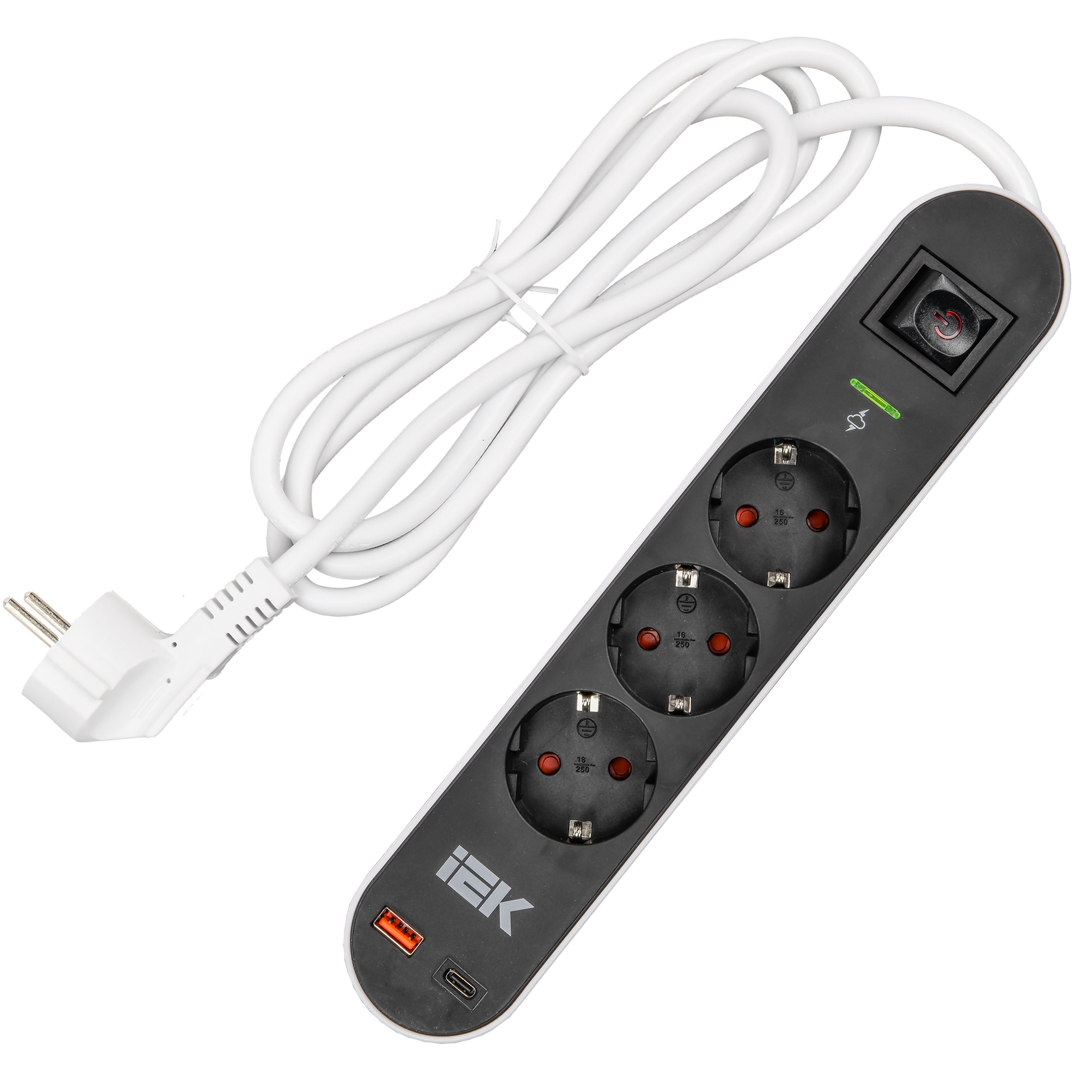 Фильтр сетевой СФ-03К 16А USB A+C 20Вт 1,5м 3х1,5мм2 черный IEK — фото