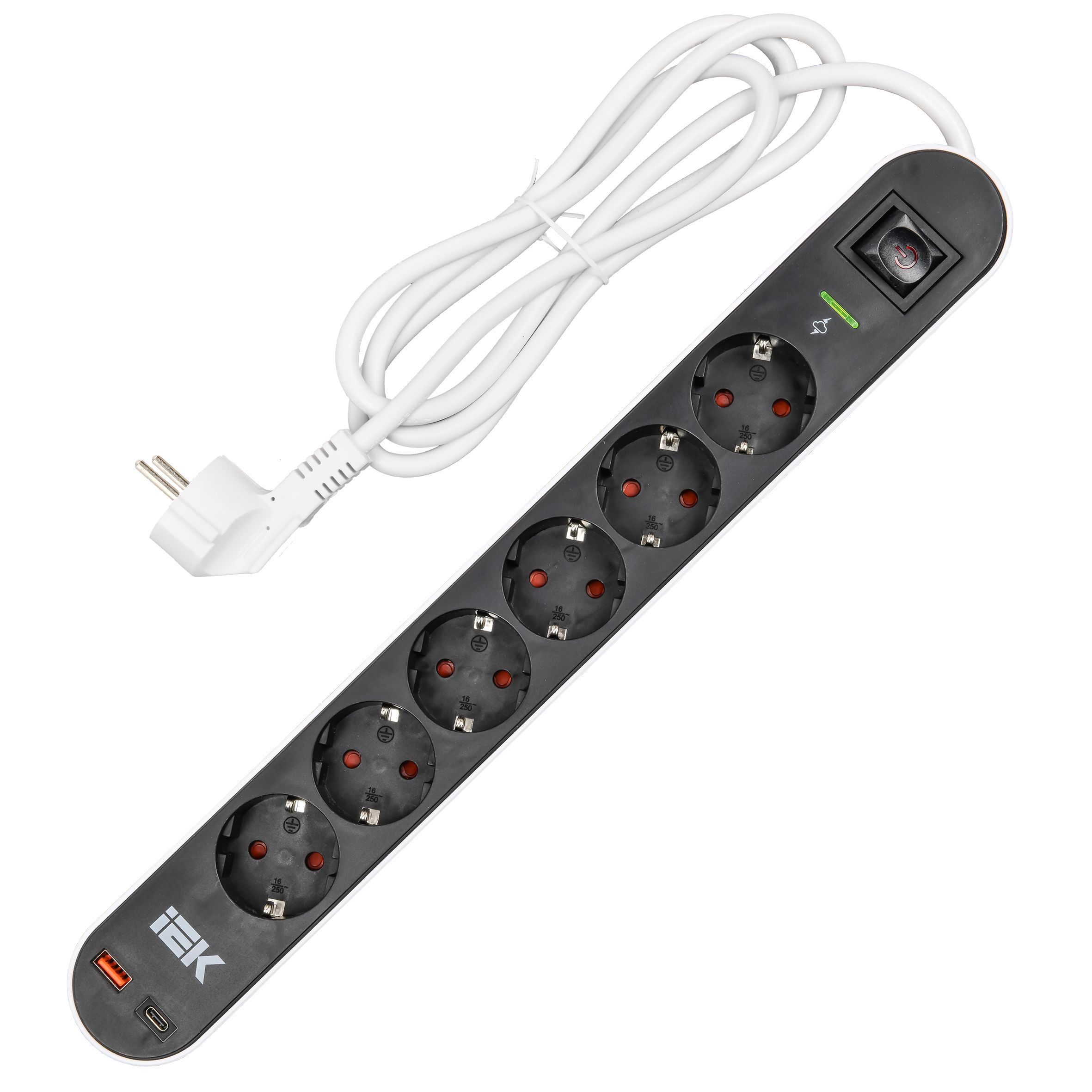 Фильтр сетевой СФ-06К 16А USB A+C 20Вт 1,5м 3х1,5мм2 черный IEK — фото
