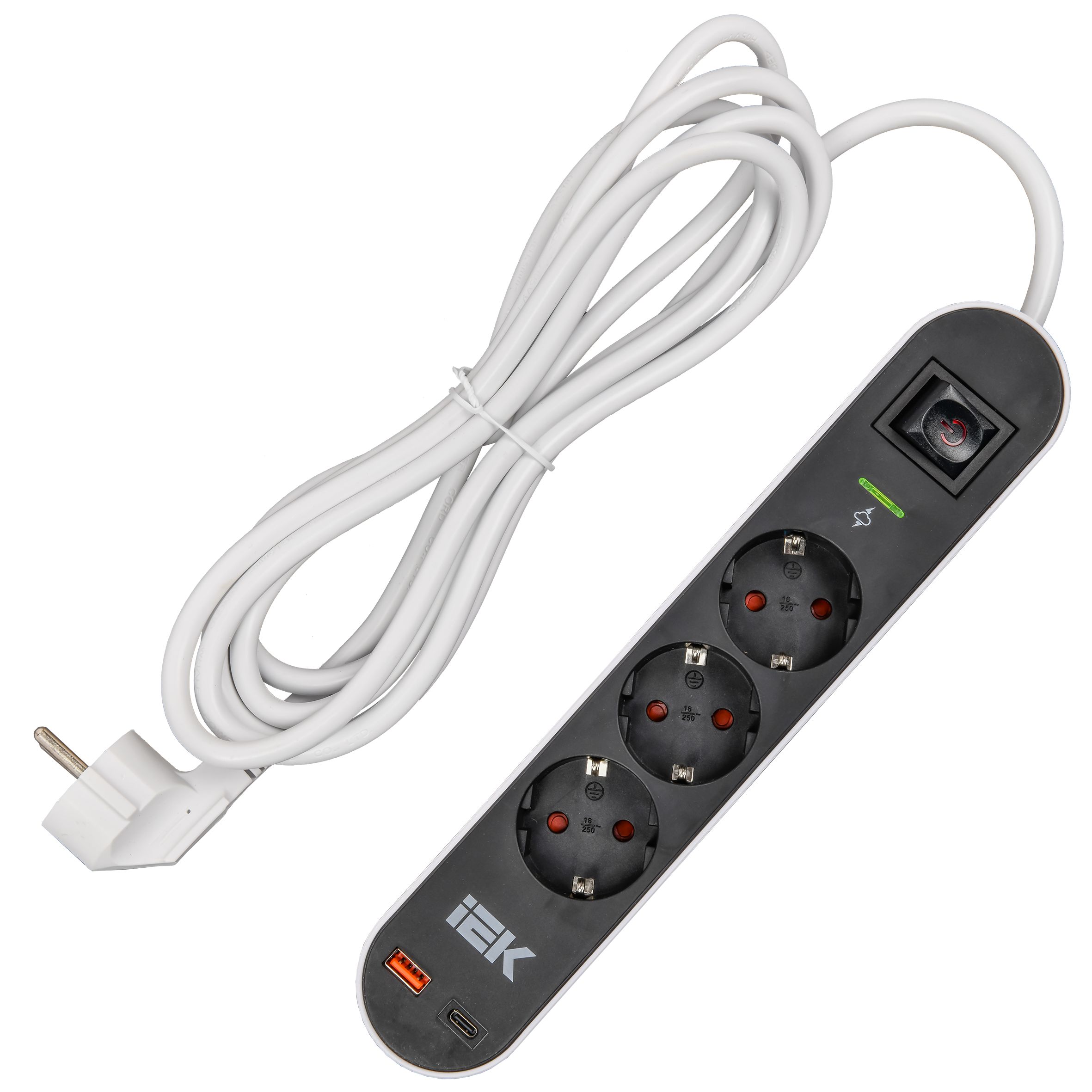 Фильтр сетевой СФ-03К 16А USB A+C 20Вт 3м 3х1,5мм2 черный IEK — фото