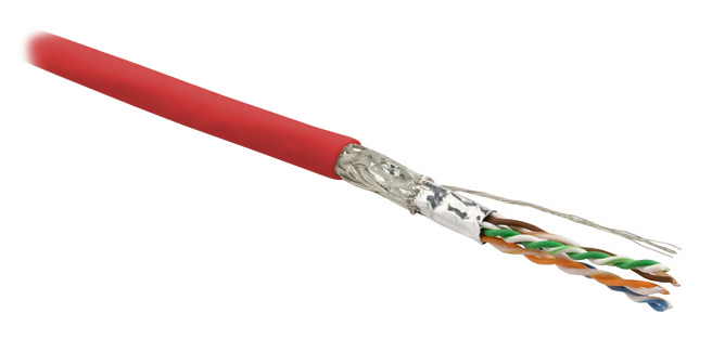 Hyperline SFUTP4-C6-P26-IN-LSZH-RD-305 (305 м) Кабель витая пара, экранированный SF/UTP, общий экран оплетка и фольга, категория 6, 4 пары 26 AWG, 4х2х0,48 мм, многопроволочные жилы, LSZH, нг(А)-HF, внутренний -40°C – +75°C, красный