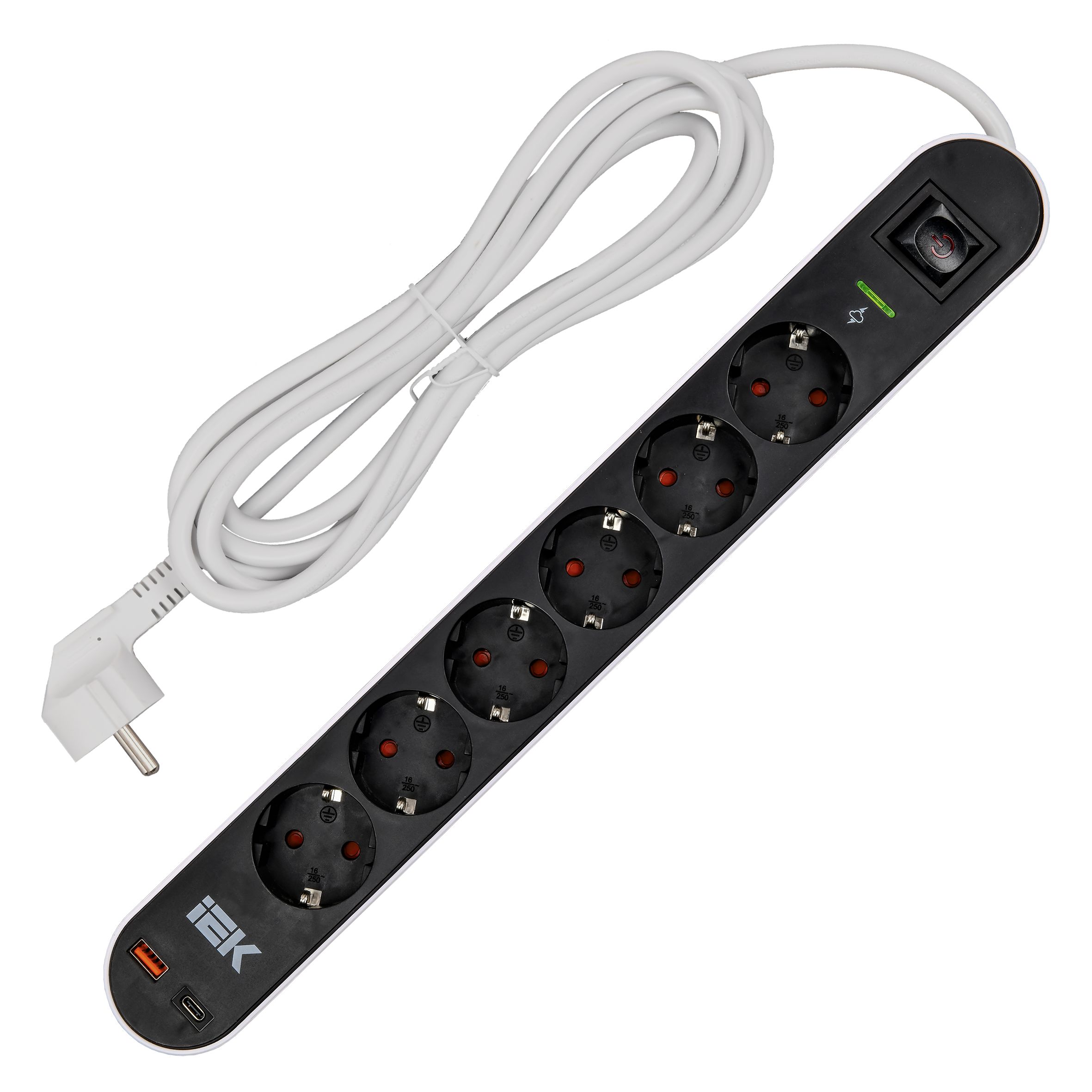 Фильтр сетевой СФ-06К 16А USB A+C 20Вт 3м 3х1,5мм2 черный IEK — фото