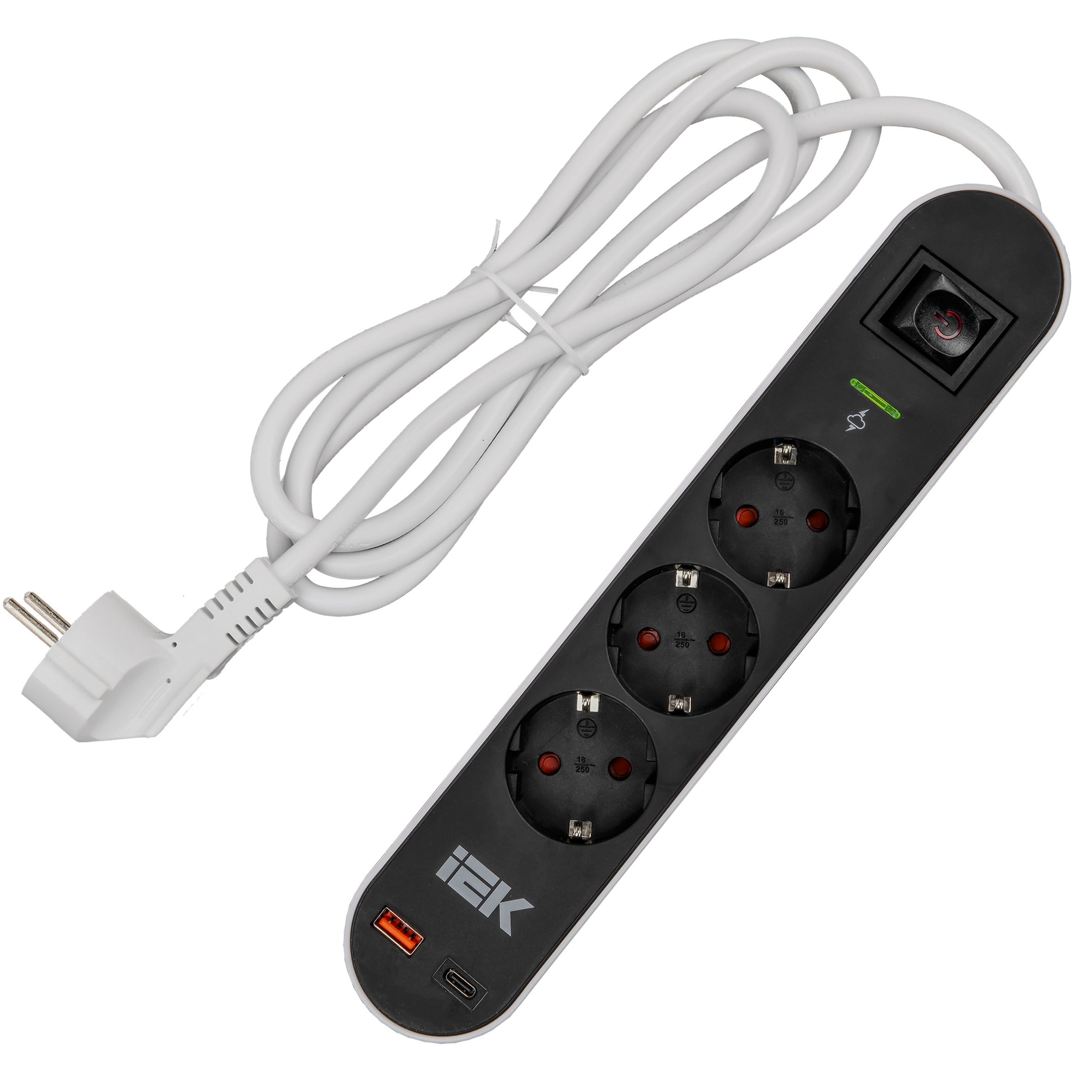 Фильтр сетевой СФ-03К 16А USB A+C 20Вт 1,5м 3х1,5мм2 черный IEK — фото