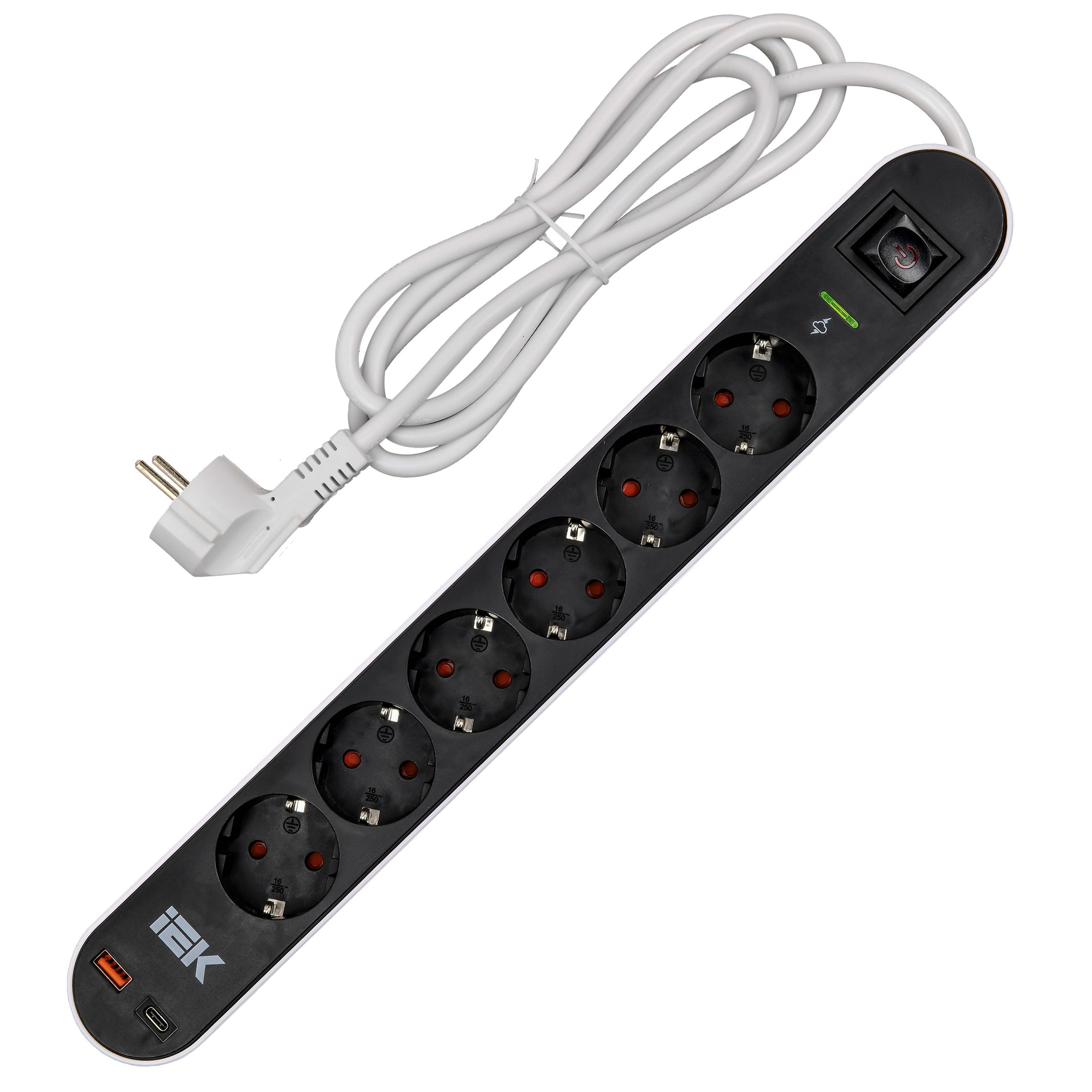 Фильтр сетевой СФ-06К 16А USB A+C 20Вт 1,5м 3х1,5мм2 черный IEK — фото