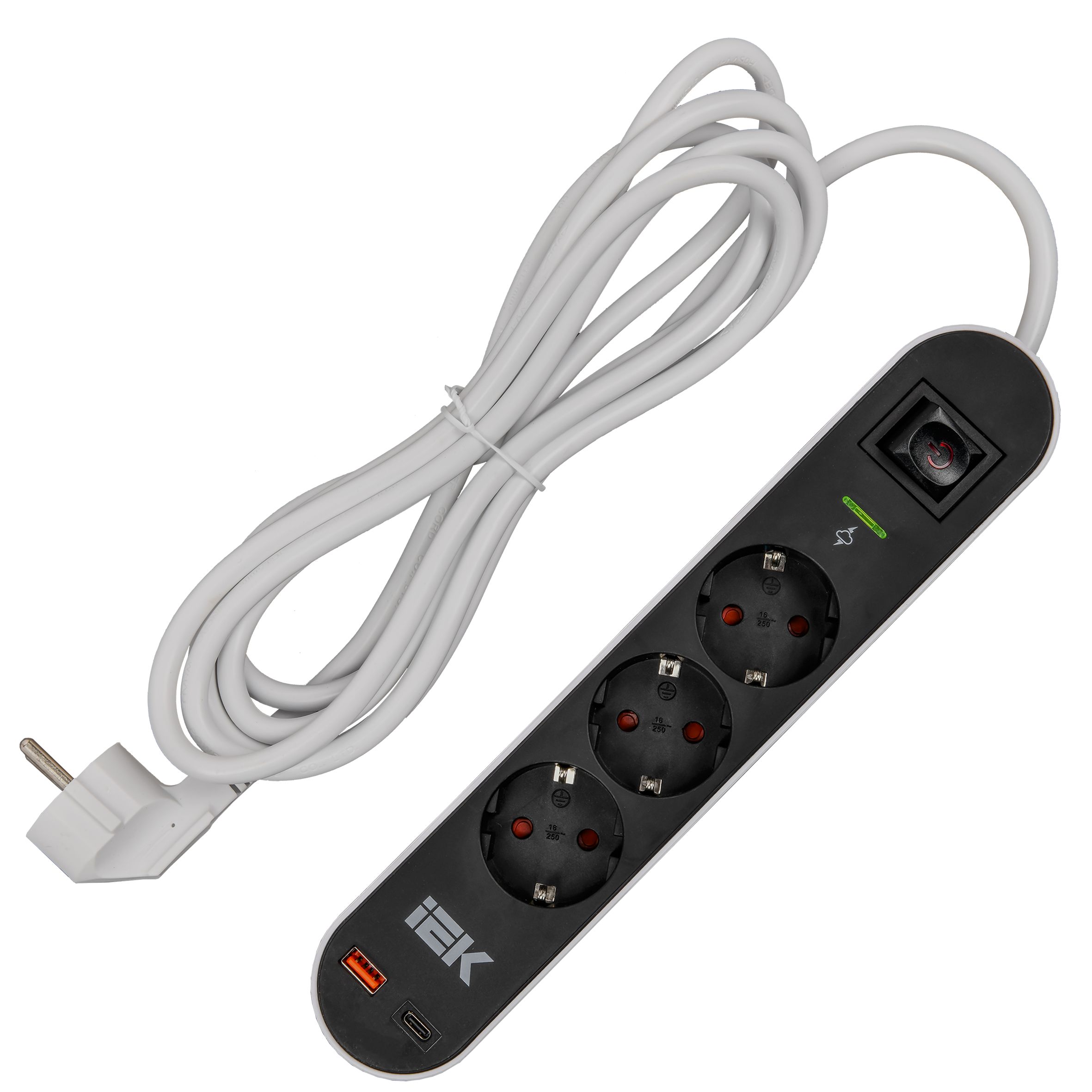 Фильтр сетевой СФ-03К 16А USB A+C 20Вт 3м 3х1,5мм2 черный IEK — фото