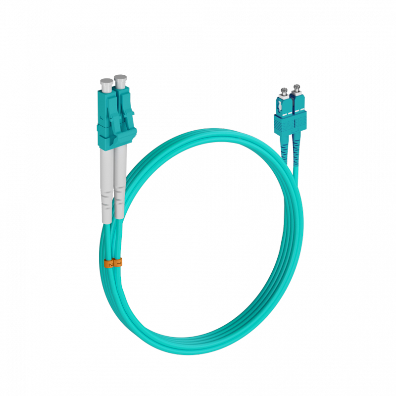 Патч-корд оптический многомодовый (MM) 50/125 OM3 разъемы LC/UPC-SC/UPC 3мм дуплекс LSZH 2м бирюзовый (аква) REXANT