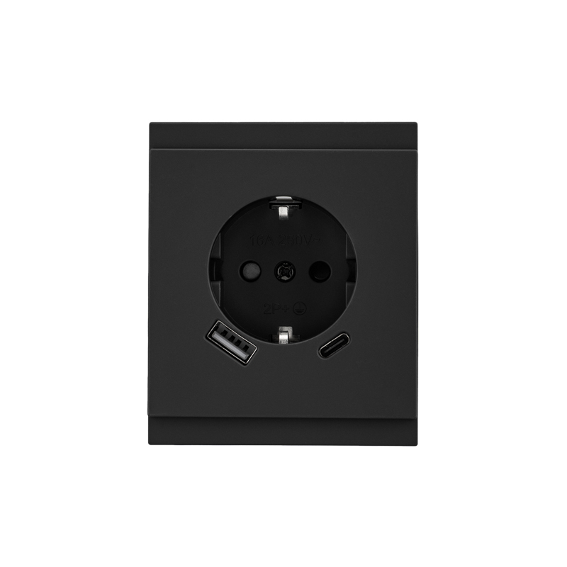 Розетка SETE 1-ая с/з с/у з/ш 16А с USB A+C быстрой зарядки 5В/3А антрацит IP20/IP44 KRANZ