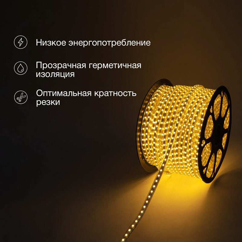 Лента светодиодная 220В, SMD5050, 60 LED/м, Теплый белый, 13х8мм,с кабелем питания, IP67 NEON-NIGHT — фото