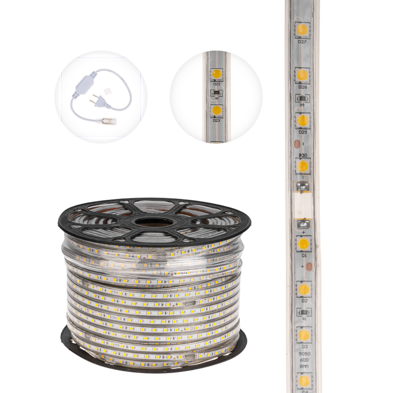 Лента светодиодная 220В, SMD5050, 60 LED/м, Теплый белый, 13х8мм,с кабелем питания, IP67 NEON-NIGHT — фото