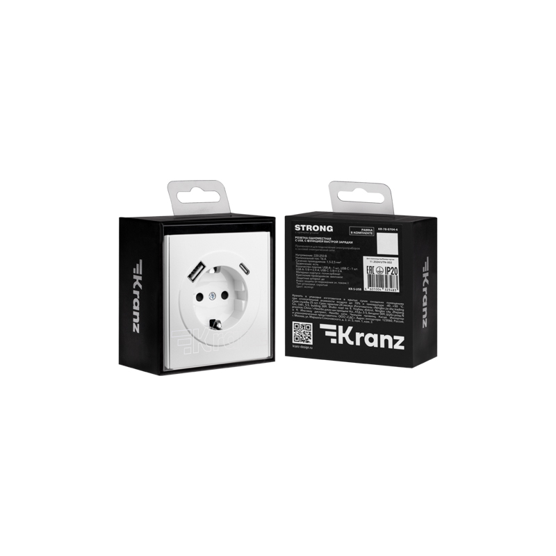 Розетка STRONG 1-ая с/з с/у з/ш 16А с USB A+C быстрой зарядки 5В/3А жемчуг KRANZ — фото