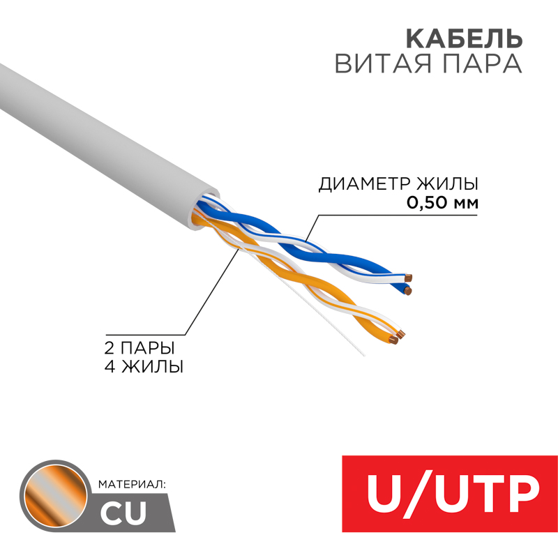 Кабель витая пара U/UTP, CAT 5e, PVC, 2PR, 24AWG, внутренний, однопроволочный, серый, 305м, РФ REXANT