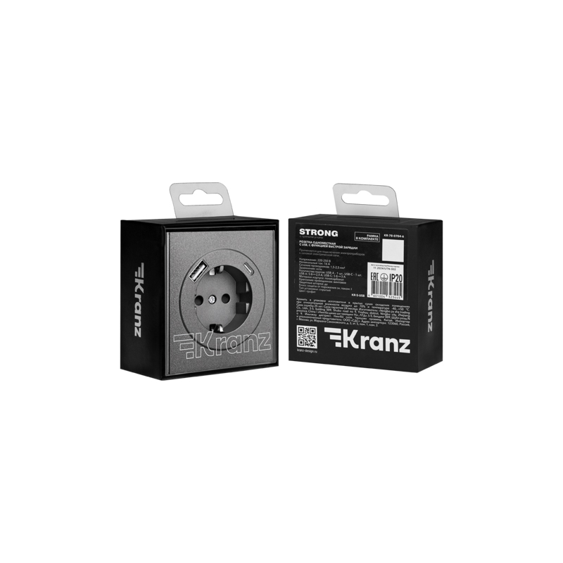 Розетка STRONG 1-ая с/з с/у з/ш 16А с USB A+C быстрой зарядки 5В/3А графит KRANZ — фото