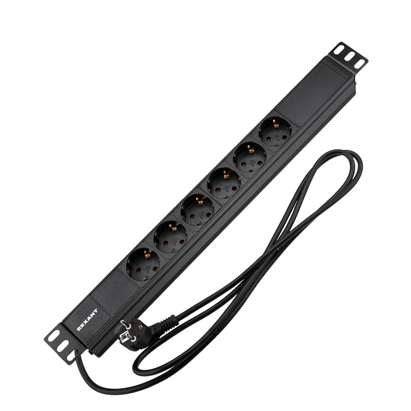 Блок распределения питания PDU горизонтальный 1U 6 розеток СЕЕ 7/4 Schuko 16A без выкл алюм корп шнур 2м вилка СЕЕ 7/7 Schuko черный REXANT