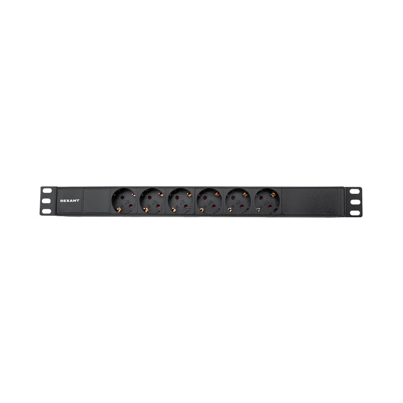 Блок распределения питания PDU горизонтальный 1U 6 розеток СЕЕ 7/4 Schuko 16A без выкл алюм корп шнур 2м вилка СЕЕ 7/7 Schuko черный REXANT — фото