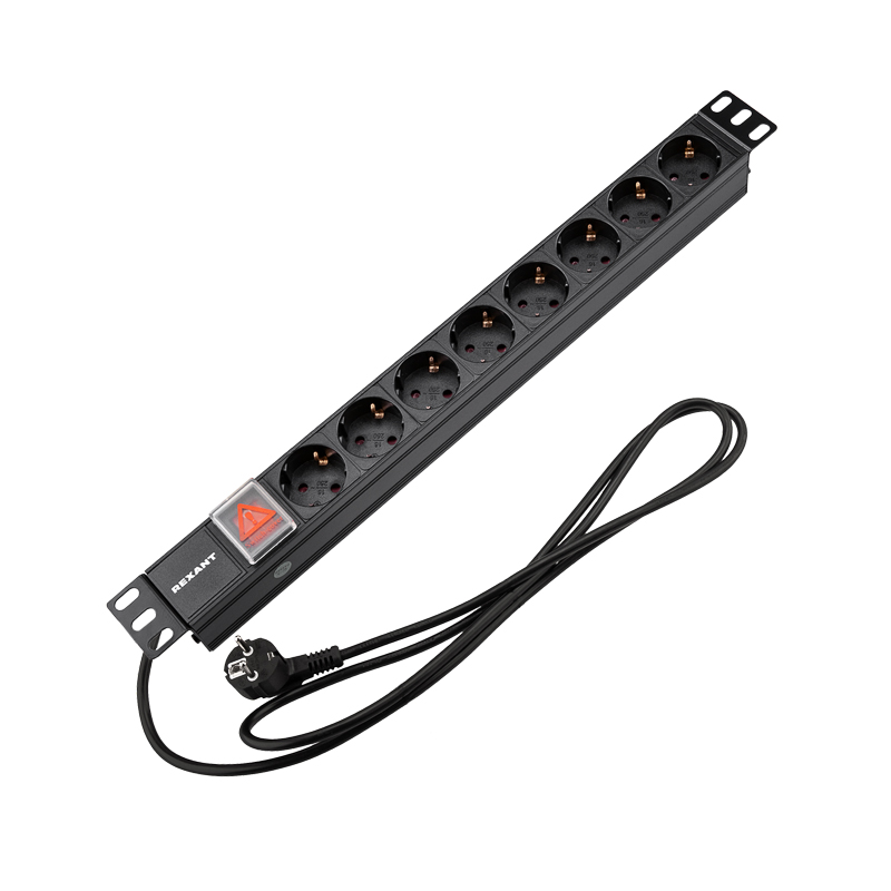 Блок распределения питания PDU горизонтальный 1U 8 розеток СЕЕ 7/4 Schuko 16A выкл алюм корп шнур 2м вилка СЕЕ 7/7 Schuko черный REXANT