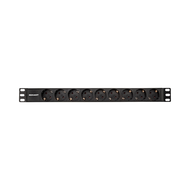 Блок распределения питания PDU горизонтальный 1U 9 розеток СЕЕ 7/4 Schuko 16A без выкл алюм корп шнур 2м вилка СЕЕ 7/7 Schuko черный REXANT — фото