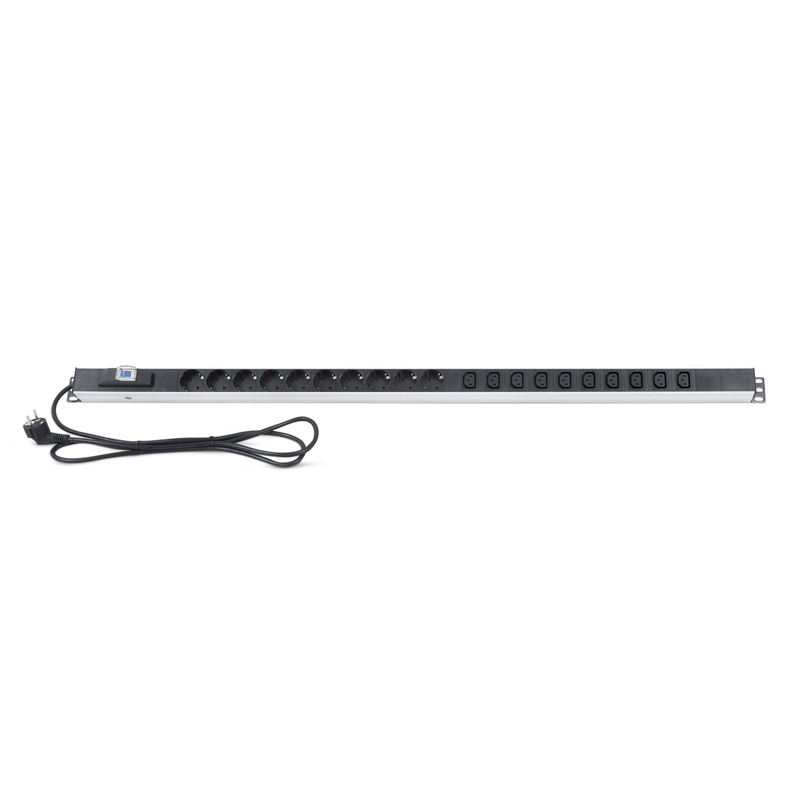 Блок распределения питания PDU вертикальный 10 розеток СЕЕ 7/4 Schuko 10 розеток C13 16А авт защит алюм корп шнур 2м вилка СЕЕ 7/7 Schuko черн REXANT