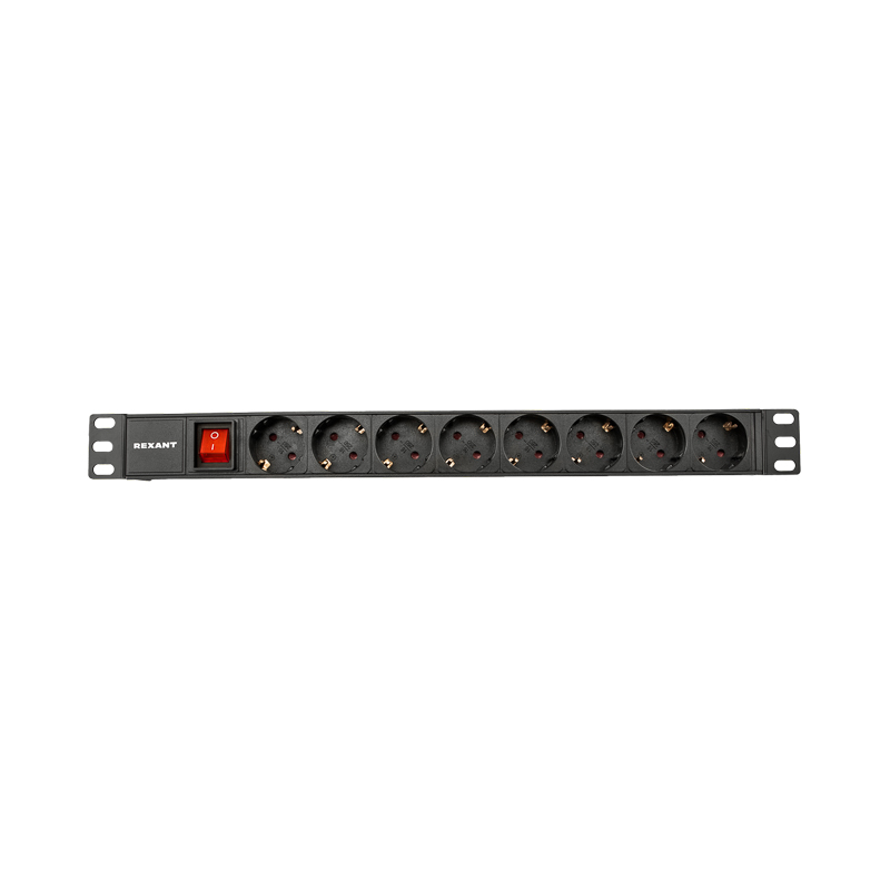 Блок распределения питания PDU горизонтальный 1U 8 розеток СЕЕ 7/4 Schuko 10A выкл алюм корп шнур 2м вилка C14 черный REXANT — фото