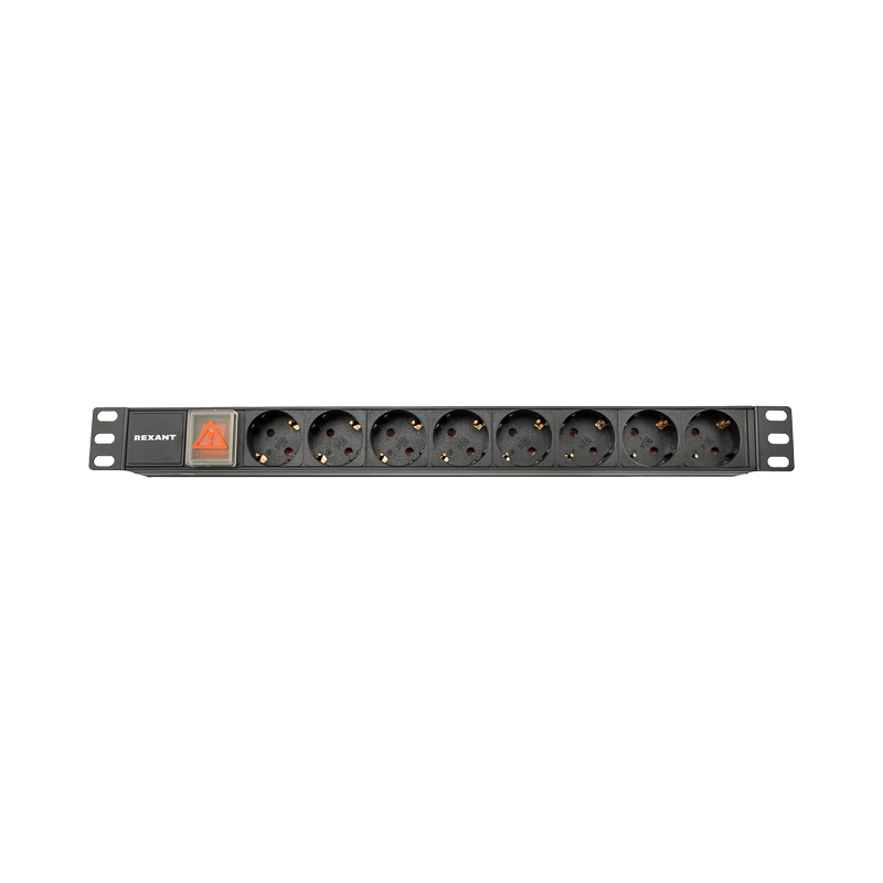 Блок распределения питания PDU горизонтальный 1U 8 розеток СЕЕ 7/4 Schuko 10A выкл алюм корп гнездо C14 черный REXANT — фото