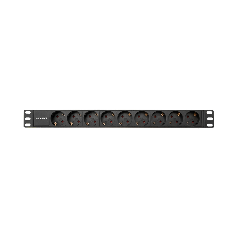 Блок распределения питания PDU горизонтальный 1U 9 розеток СЕЕ 7/4 Schuko 10A без выкл алюм корп шнур 2м вилка C14 черный REXANT — фото