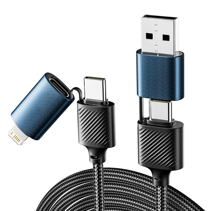 Кабель 4в1 USB-A, Type-C, Type-C, Lightning 65Вт, 1м, в черной нейлоновой оплетке REXANT — фото