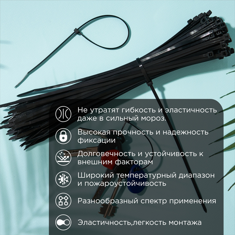 Стяжка нейлоновая морозостойкая 250x3,6мм, черная (100 шт/уп) REXANT — фото