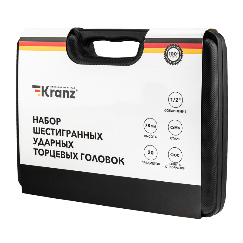Набор шестигранных ударных торцевых головок, 1/2", 78мм, 20 предметов (8-32мм) пластиковый кейс KRANZ — фото