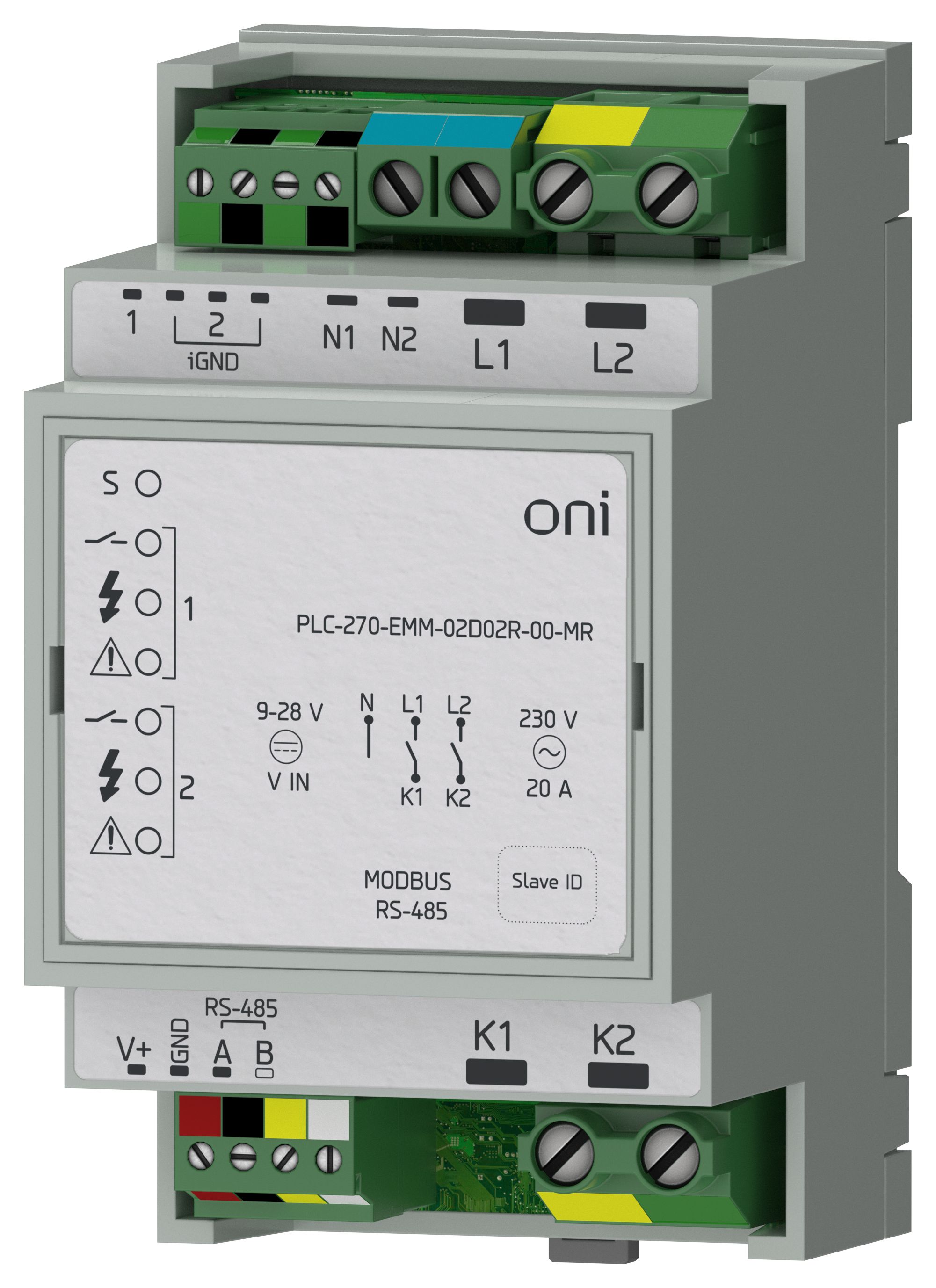 ПЛК 270 Модуль измерительный Modbus RTU 2 дискретных входа 2 релейных выхода с измерением активной мощности и напряжения ONI — фото