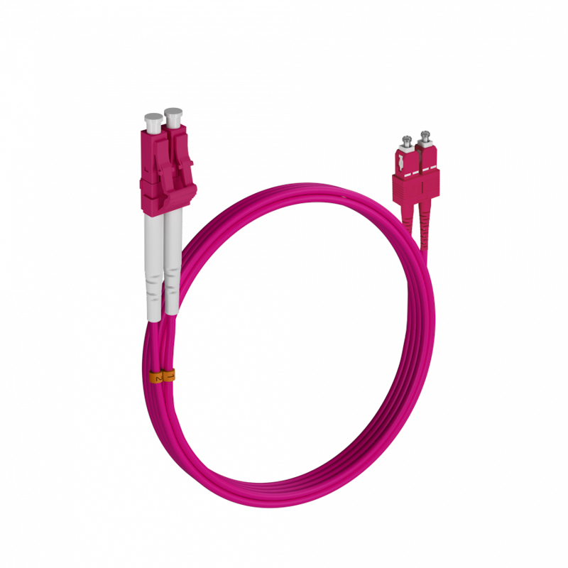 Патч-корд оптический многомодовый (MM) 50/125 OM4 разъемы LC/UPC-SC/UPC 3мм дуплекс LSZH 5м малиновый (маджента) REXANT