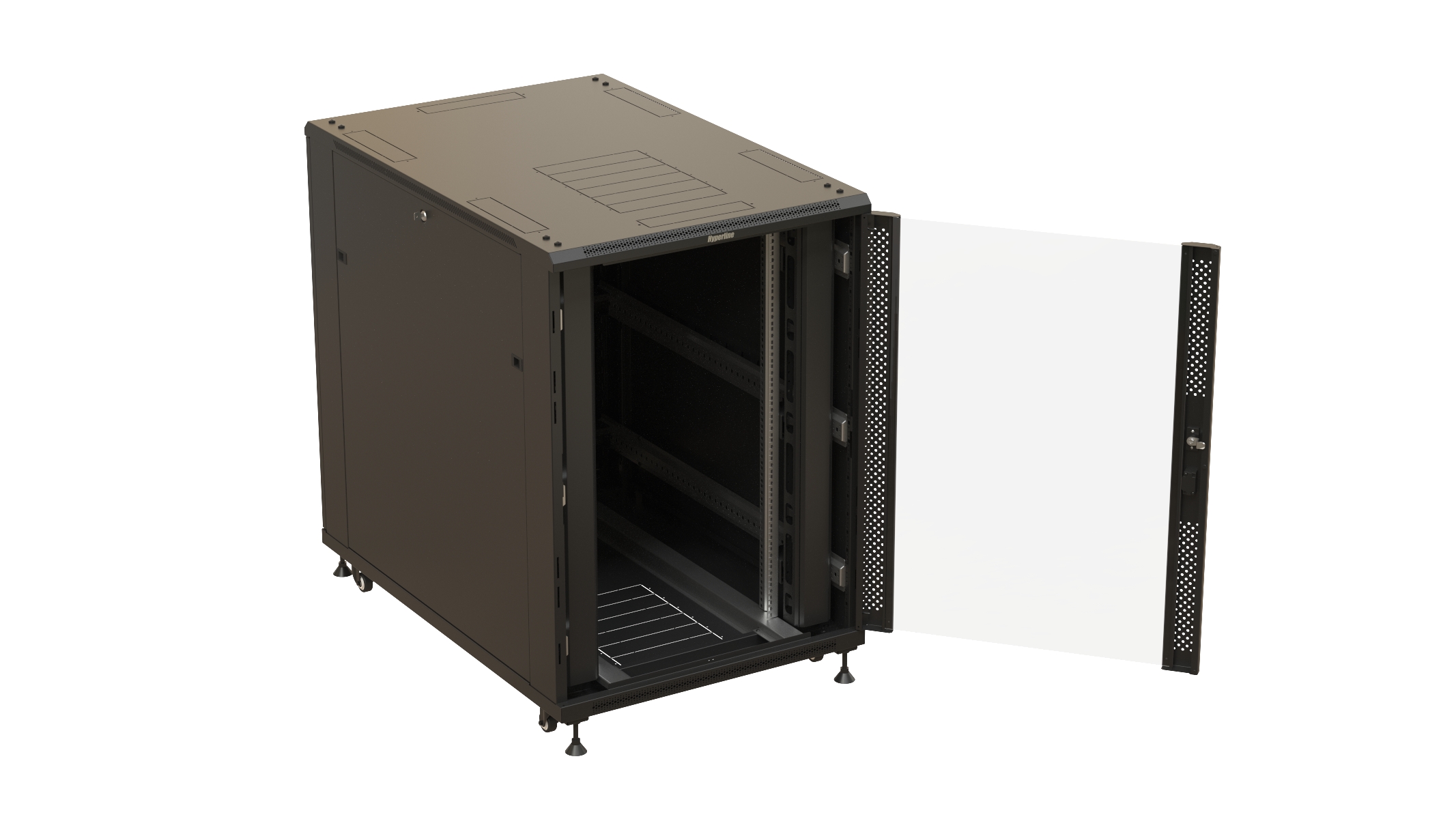 Hyperline TTBR-2288-AS-RAL9004 Шкаф напольный 19-дюймовый, 22U, 1166x800х800 мм (ВхШхГ), передняя дверь стеклянная, задняя дверь сплошная, ручка с замком, 2 вертикальных кабельных организатора, цвет черный (RAL 9004) (разобранный) — фото