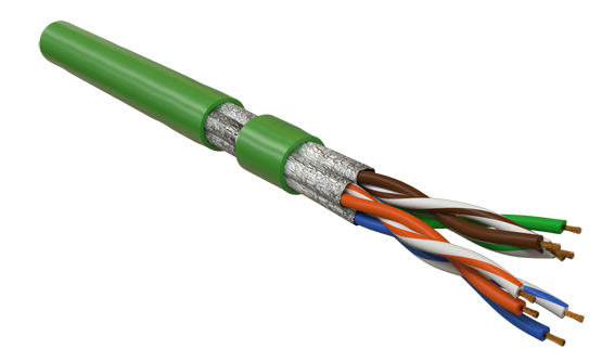 Hyperline UFTP4-C6-P26-IN-LSZH-GN-305 (305 м) Кабель витая пара, экранированный U/FTP, без общего экрана, каждая пара в фольге, категория 6, 4 пары 26 AWG, 4х2х0,48 мм, многопроволочные жилы, LSZH, нг(А)-HF, внутренний -40°C – +75°C, зеленый