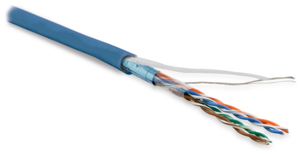 Hyperline FUTP4-C5E-P26-IN-LSZH-BL-305 (305 м) Кабель витая пара, экранированный F/UTP, общий экран фольга, категория 5e, 4 пары 26 AWG, 4х2х0,48 мм, многопроволочные жилы, LSZH, нг(А)-HF, внутренний -40°C – +75°C, синий — фото