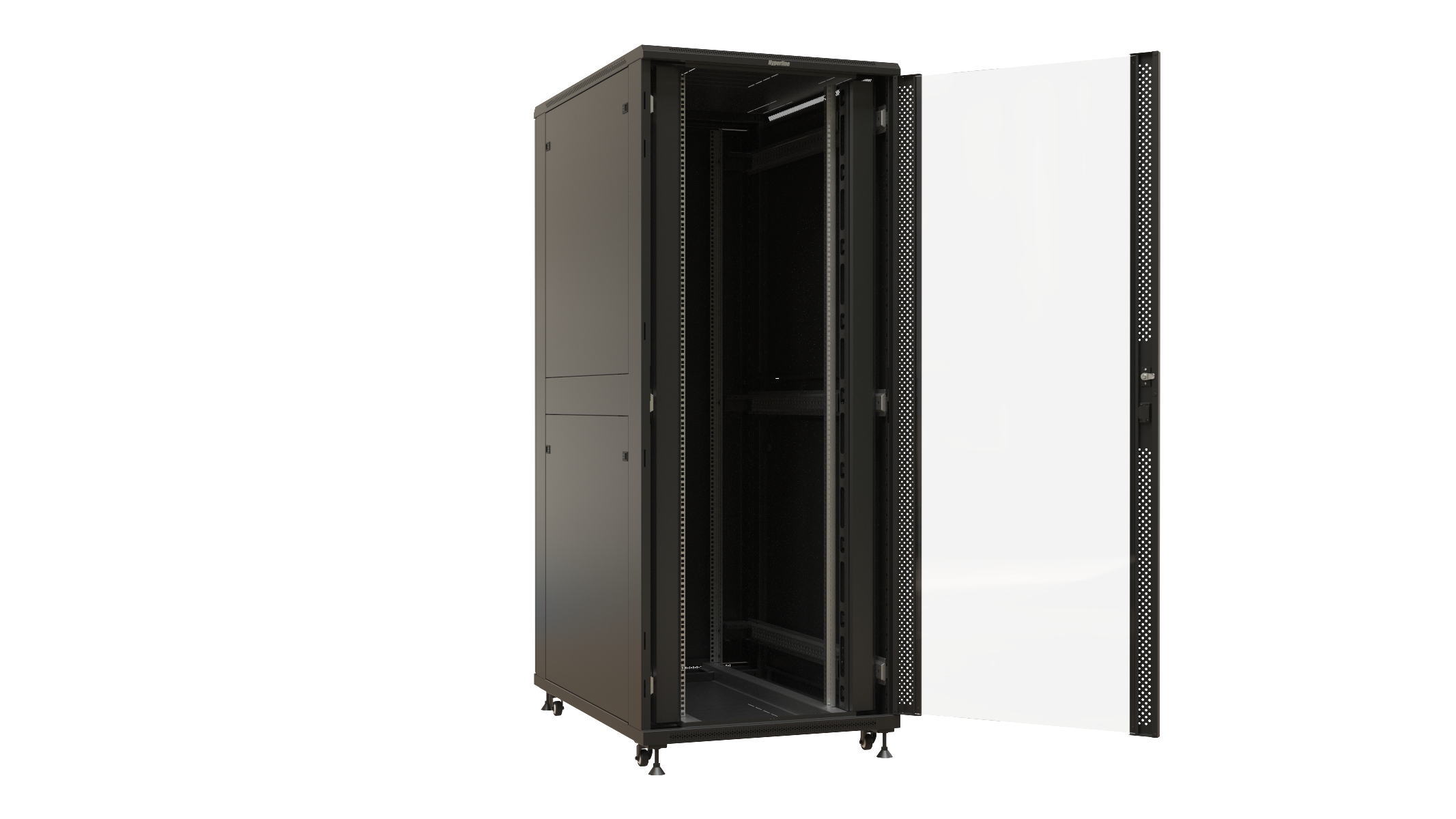 Hyperline TTBR-4281-AS-RAL9004 Шкаф напольный 19-дюймовый, 42U, 2055x800х1000 мм (ВхШхГ), передняя дверь стеклянная, задняя дверь сплошная, ручка с замком, 2 вертикальных кабельных организатора, цвет черный (RAL 9004) (разобранный) — фото