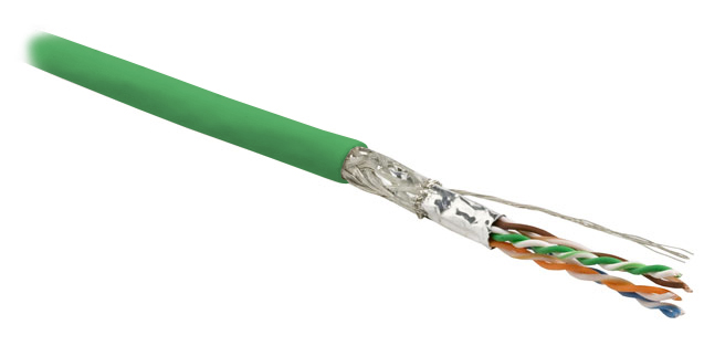 Hyperline SFUTP4-C6-P26-IN-LSZH-GN-305 (305 м) Кабель витая пара, экранированный SF/UTP, общий экран оплетка и фольга, категория 6, 4 пары 26 AWG, 4х2х0,48 мм, многопроволочные жилы, LSZH, нг(А)-HF, внутренний -40°C – +75°C, зеленый