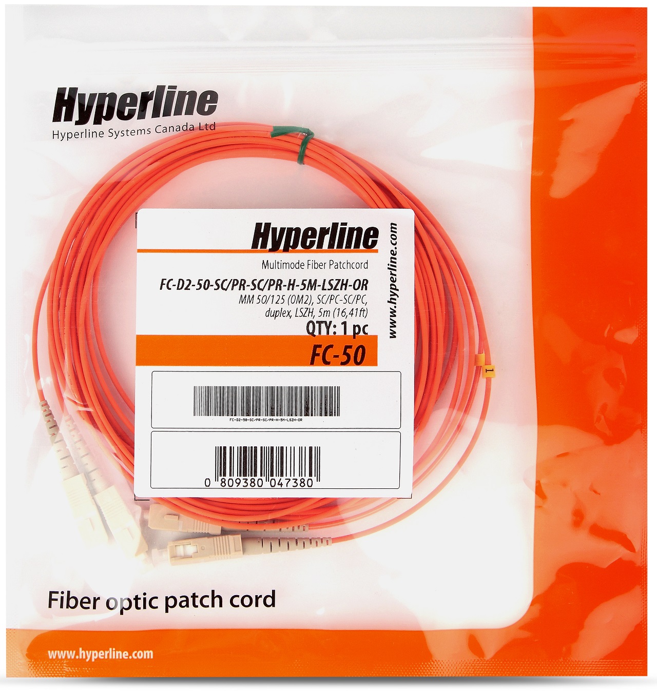 Hyperline FC-D2-50-SC/UR-SC/UR-H-5M-LSZH-OR Патч-корд волоконно-оптический (шнур) MM 50/125 (OM2), SC-SC, UPC, duplex, 2.0 мм, LSZH, 5 м (замена FC-D2-50-SC/PR-SC/PR-H-5M-LSZH-OR)