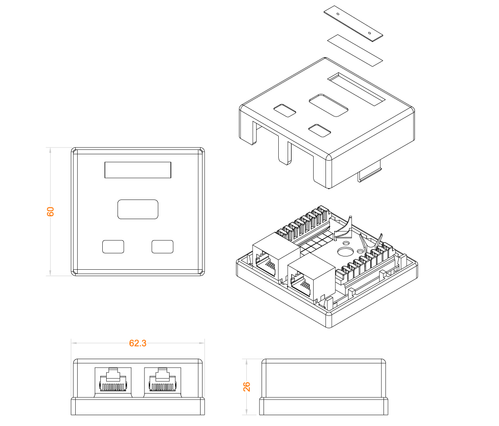 Hyperline SB1-2-8P8C-C5e-SH-WH Розетка компьютерная RJ-45(8P8C), категория 5e, экранированная, двойная, внешняя, Dual IDC — фото