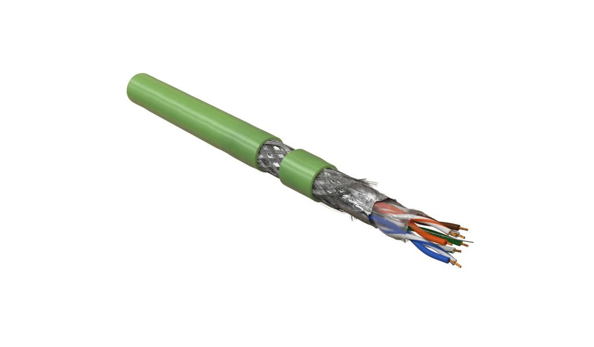 Hyperline SFUTP4-C5E-P26-IN-LSZH-GN-305 (305 м) Кабель витая пара, экранированный SF/UTP, общий экран оплетка и фольга, категория 5e, 4 пары 26 AWG, 4х2х0,48 мм, многопроволочные жилы, LSZH, нг(А)-HF, внутренний -40°C – +75°C, зеленый