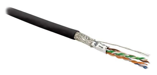 Hyperline SFUTP4-C6-P26-IN-LSZH-BK-305 (305 м) Кабель витая пара, экранированный SF/UTP, общий экран оплетка и фольга, категория 6, 4 пары 26 AWG, 4х2х0,48 мм, многопроволочные жилы, LSZH, нг(А)-HF, внутренний -40°C – +75°C, черный