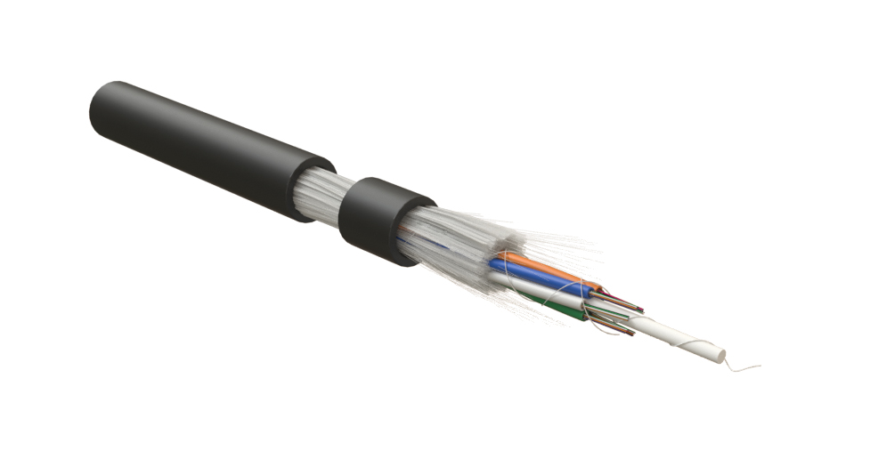 Hyperline FO-PDM-OUT-62-4-PE-BK Кабель волоконно-оптический многомодовый 62.5/125 (OM1), 4 волокна, многомодульный, самонесущий, армированный стекловолокном, 3кН, PE, внешний, -50°С – +70°С, черный — фото