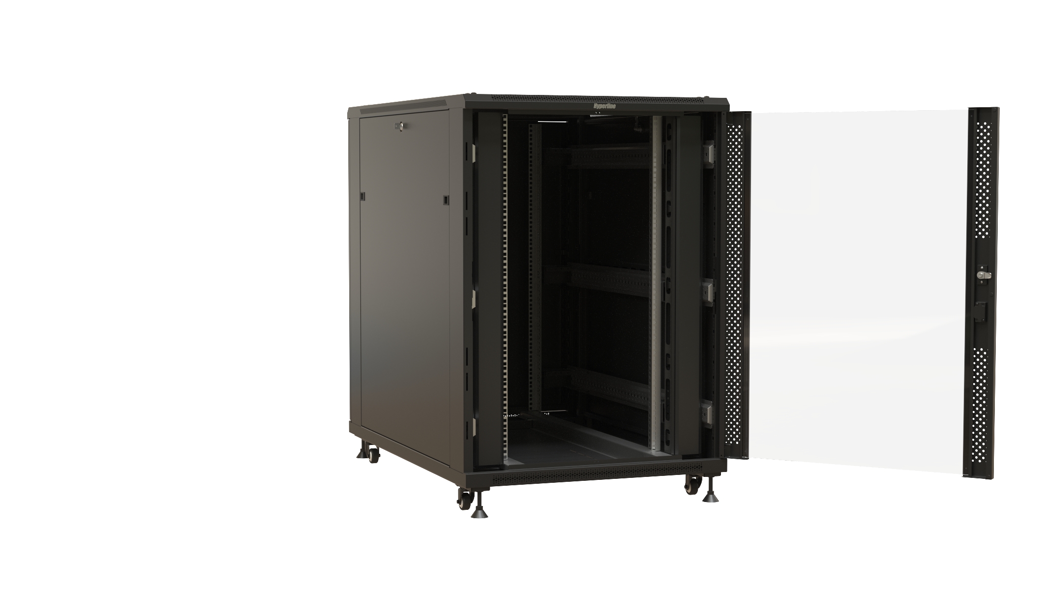 Hyperline TTBR-2788-AS-RAL9004 Шкаф напольный 19-дюймовый, 27U, 1388x800х800 мм (ВхШхГ), передняя дверь стеклянная, задняя дверь сплошная, ручка с замком, 2 вертикальных кабельных организатора, цвет черный (RAL 9004) (разобранный) — фото
