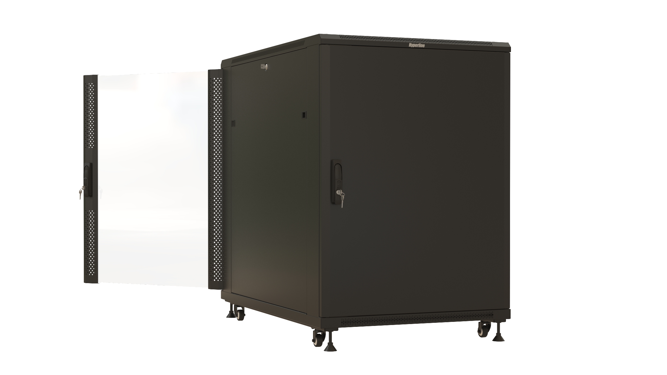 Hyperline TTBR-2788-AS-RAL9004 Шкаф напольный 19-дюймовый, 27U, 1388x800х800 мм (ВхШхГ), передняя дверь стеклянная, задняя дверь сплошная, ручка с замком, 2 вертикальных кабельных организатора, цвет черный (RAL 9004) (разобранный) — фото