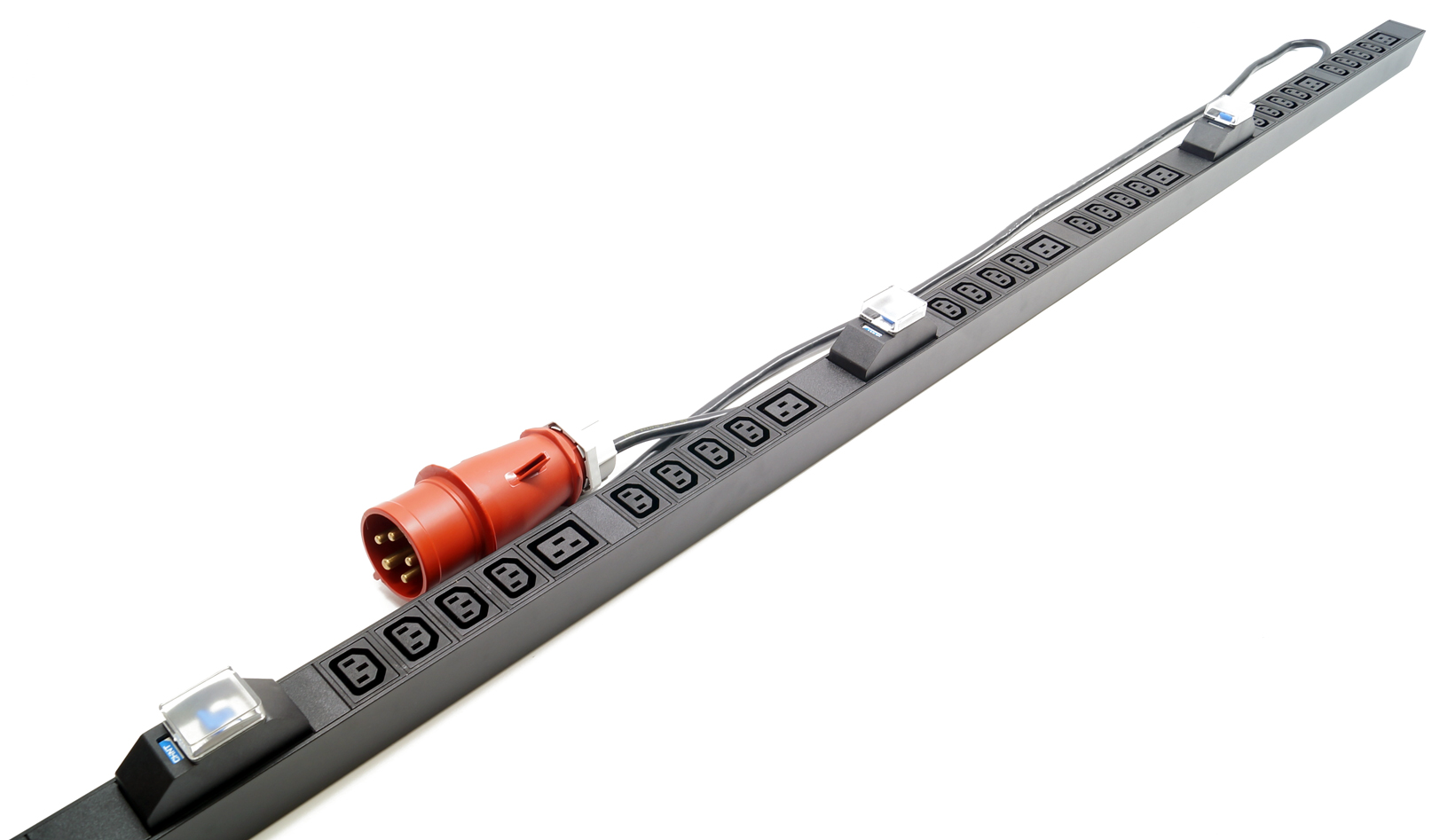 Hyperline SHE-24IEC-6BIEC-B-3x32-3PVR Блок розеток, вертикальный, 24 розетки IEC320 C13, 6 розеток IEC320 C19, автоматический выключатель, кабель питания 3м (5х4.0мм2) с вилкой IEC 60309 32А (3P+N+E), 380В, корпус алюминий, черный