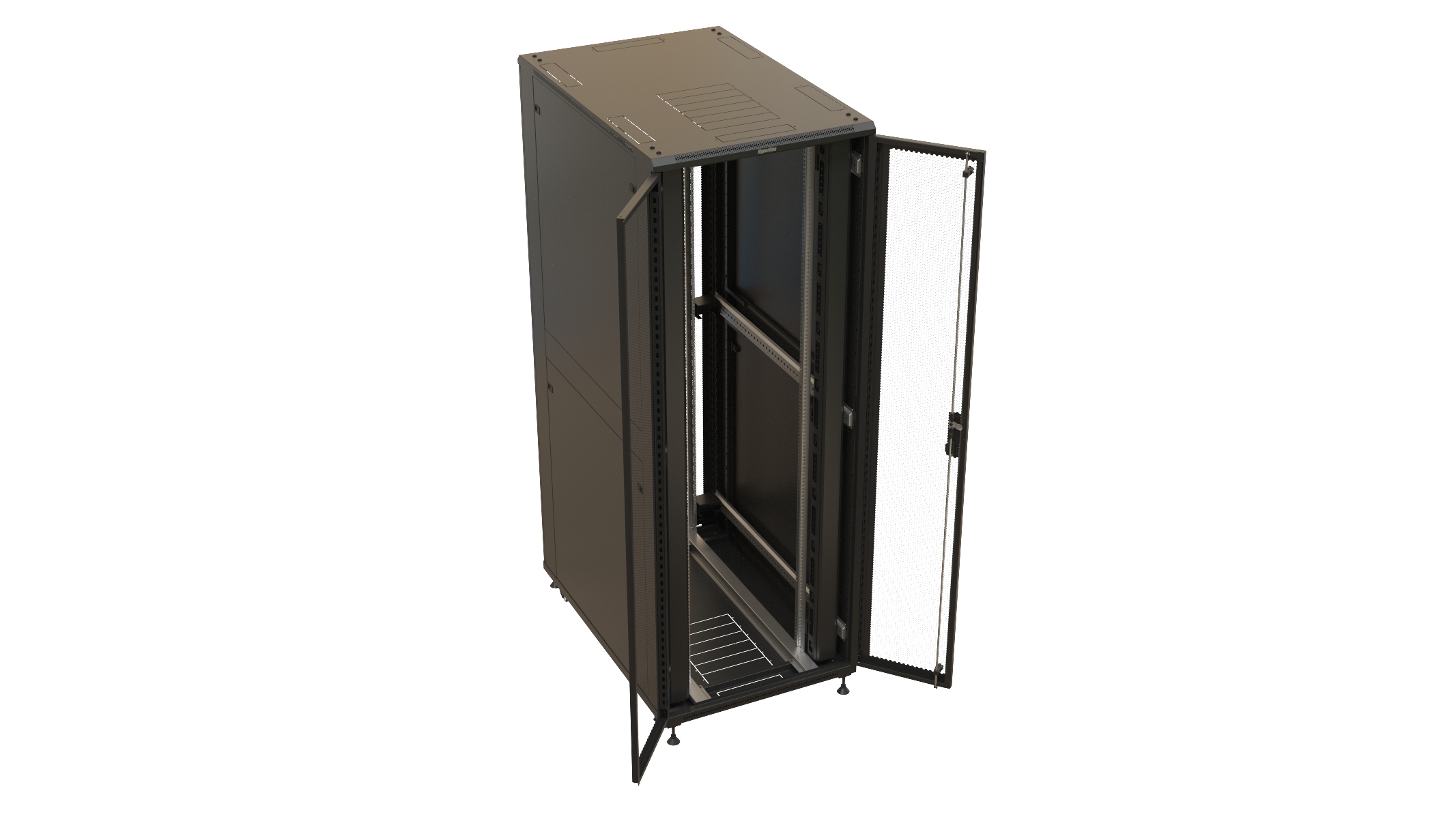 Hyperline TTBR-4781-DD-RAL9004 Шкаф напольный 19-дюймовый, 47U, 2277x800х1000 мм (ВхШхГ), передняя и задняя распашные перфорированные двери (75%), ручка с замком, 2 вертикальных кабельных организатора, цвет черный (RAL 9004)(разобранный) — фото