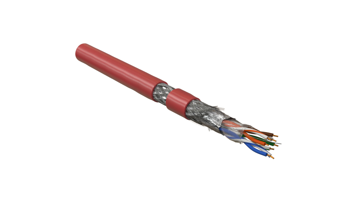 Hyperline SFUTP4-C5E-P26-IN-LSZH-RD-305 (305 м) Кабель витая пара, экранированный SF/UTP, общий экран оплетка и фольга, категория 5e, 4 пары 26 AWG, 4х2х0,48 мм, многопроволочные жилы, LSZH, нг(А)-HF, внутренний -40°C – +75°C, красный