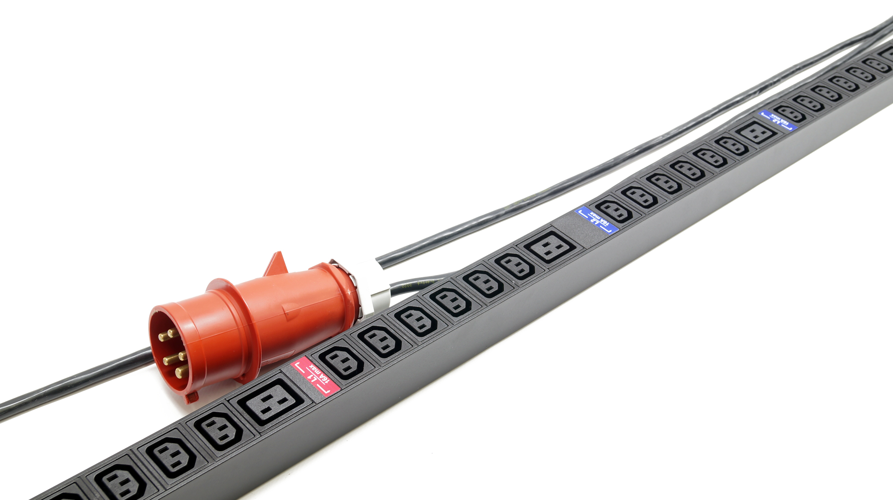 Hyperline SHE-36IEC-6BIEC-3x32-3PVR Блок розеток, вертикальный, 36 розеток IEC320 C13, 6 розеток IEC320 C19, кабель питания 3м (5х4.0мм2) с вилкой IEC 60309 32А (3P+N+E), 380В, корпус алюминий, черный — фото