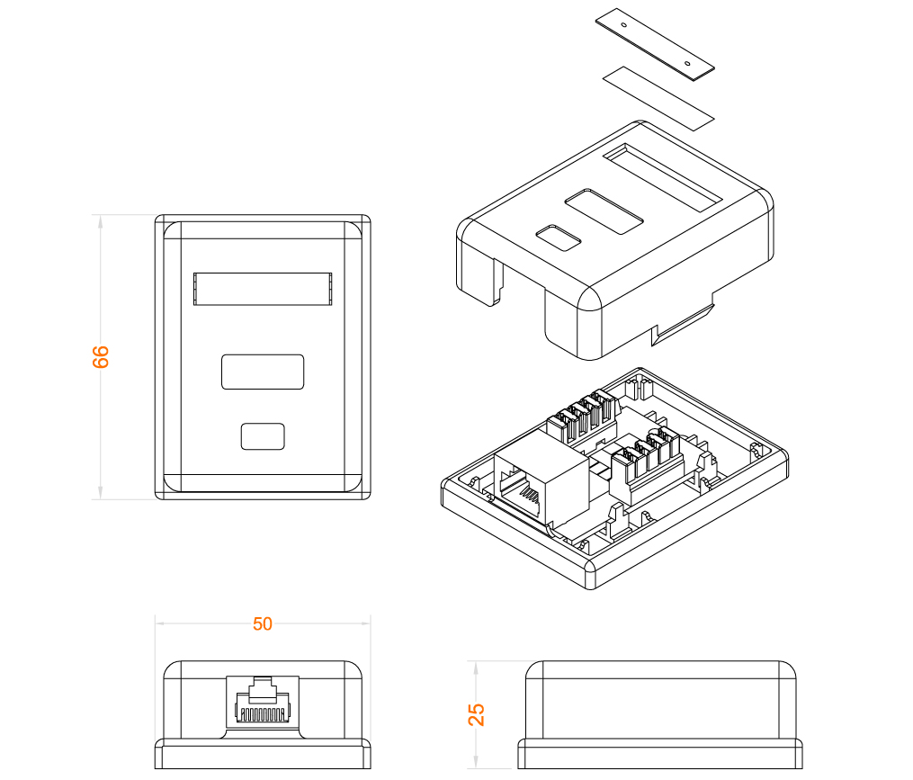 Hyperline SB1-1-8P8C-C5e-WH Розетка компьютерная RJ-45(8P8C), категория 5e, одинарная, внешняя, Dual IDC — фото