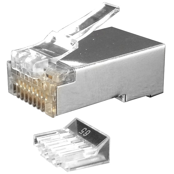 Hyperline PLUG-8P8C-UV-C6-SH-100 Разъем RJ-45(8P8C) под витую пару, категория 6 (50 µ"/ 50 микродюймов), экранированный, универсальный (для одножильного и многожильного кабеля), со вставкой (100 шт) — фото