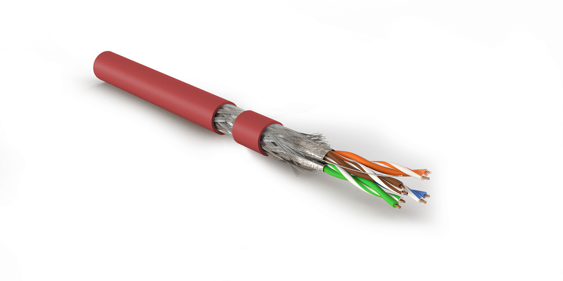 Hyperline SFTP4-C7-P26-IN-LSZH-RD-305 (305 м) Кабель витая пара, экранированный S/FTP, общий экран оплетка, каждая пара в фольге, категория 7, 4 пары 26 AWG, 4х2х0,48 мм, многопроволочные жилы, LSZH, нг(А)-HF, внутренний -40°C – +75°C, красный